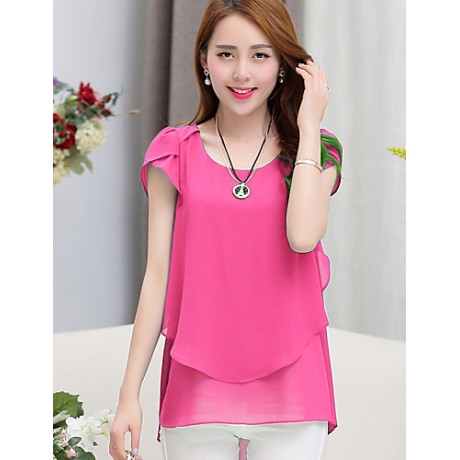 Women's Solid Blue / Pink / Black / Green Blouse,Round Neck Short Sleeve