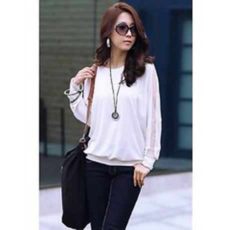 Women's Batwing Round Neck Sheer Mesh Cape Sleeve Loose T-Shirt