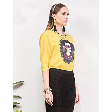 Women's Going out Street chic Spring / Fall T-shirtPrint Round NeckSleeve Yellow Polyester / Spandex Medium