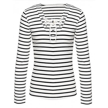 Women's Casual/Daily Sexy / Street chic Spring / Fall Hollow Out Slim Bandage T-shirtStriped V Neck Long Sleeve White