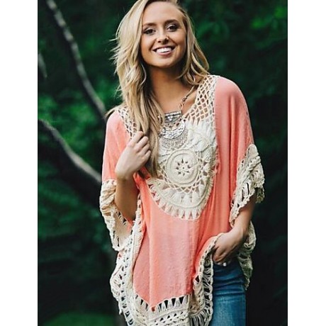 Women's Patchwork Lace Bohemian style Hollow Out Blouse,Round Neck ? Length Sleeve