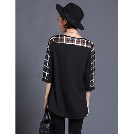 Women's Casual/Daily Plus Size / Street chic Summer Blouse,Check Round Neck ? Sleeve Black Silk / Polyester Thin