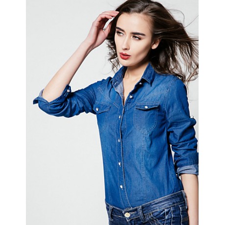 Women's Casual/Daily / Formal Vintage Spring / Fall ShirtSolid Shirt Collar Long Sleeve Blue Polyester Medium