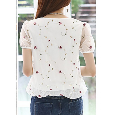 Women's Print White / Black Blouse,Round Neck Short Sleeve