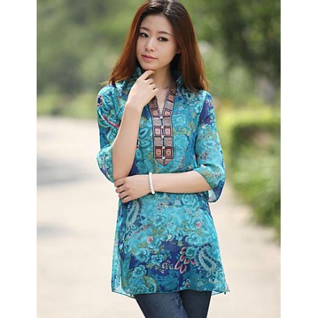 Women's Casual/Daily Boho Summer Blouse,Floral Stand ? Sleeve Blue Polyester Thin