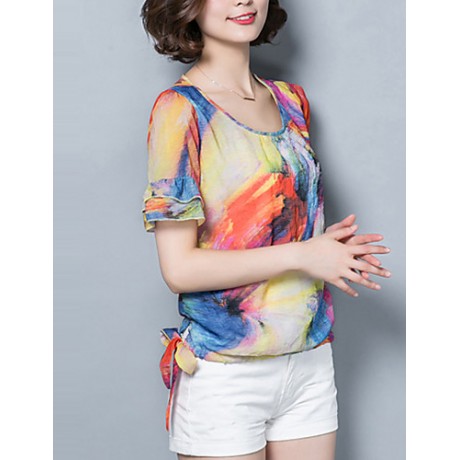 Women's Casual/Daily Vintage / Boho Summer Blouse,Print Round Neck Short Sleeve Red / Purple Polyester Thin