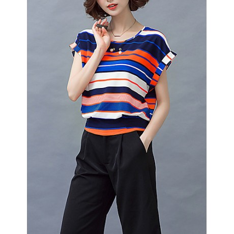 Women's Casual/Daily Boho / Street chic Blouse,Striped Round Neck Short Sleeve Gray Polyester Thin