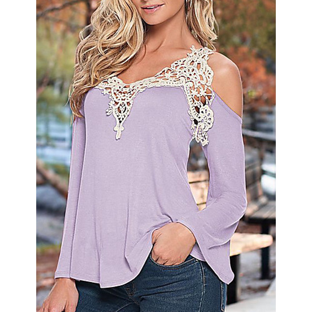 Women's Patchwork Lace Strap Off-The-Shoulder All Match Loose Casual V Neck Long Sleeve Plus Size T-shirt