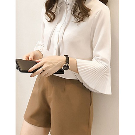 Women's Casual/Daily Simple Spring / Fall Shirt,Solid / Letter Shirt Collar Long Sleeve Blue / White Others Thin