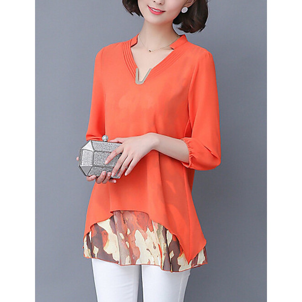 Women's Print Blue / Green / Orange Blouse,V Neck ? Sleeve