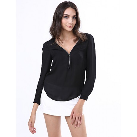 Women‘s V Neck Long Sleeve Zipper Blouse(More Colors)