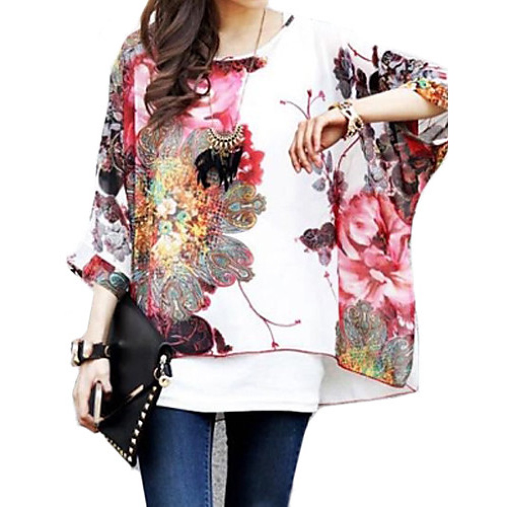 Women's Flower Print Loose Blouse & Vest,Round Neck