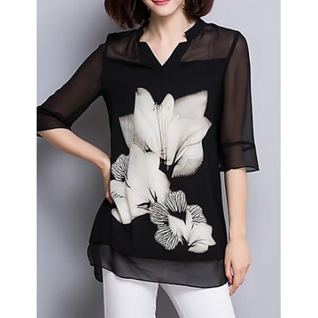 Women's Casual/Daily Plus Size / Street chic Summer Blouse,Floral V Neck ? Sleeve Black Polyester Thin