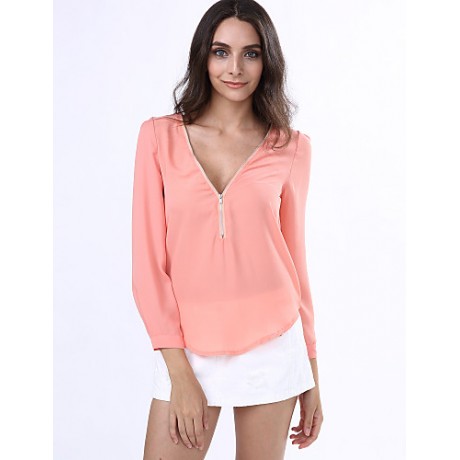 Women‘s V Neck Long Sleeve Zipper Blouse(More Colors)