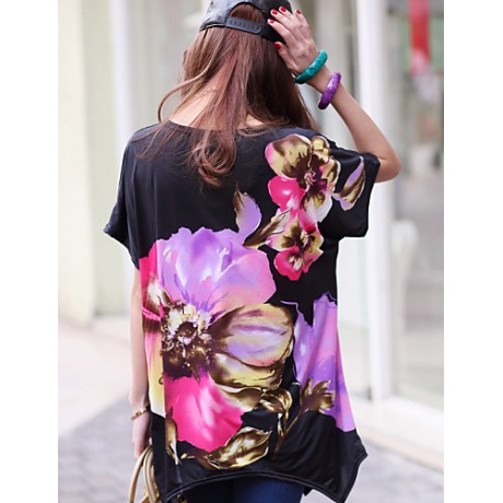 Women's Casual/Daily Boho / Street chic Summer T-shirt,Floral Round Neck Short Sleeve Black Rayon Thin