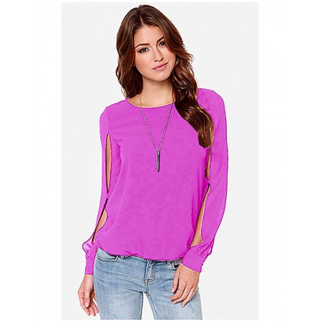 Sexy All Seasons Blouse,Solid Round Neck Long Sleeve Blue / Pink Polyester Thin