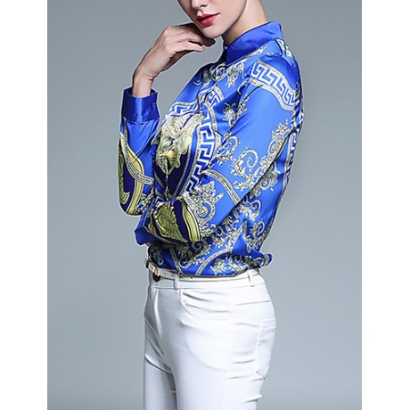 Women's Casual/Daily Vintage All Seasons ShirtPrint Shirt Collar Long Sleeve Blue Polyester Medium