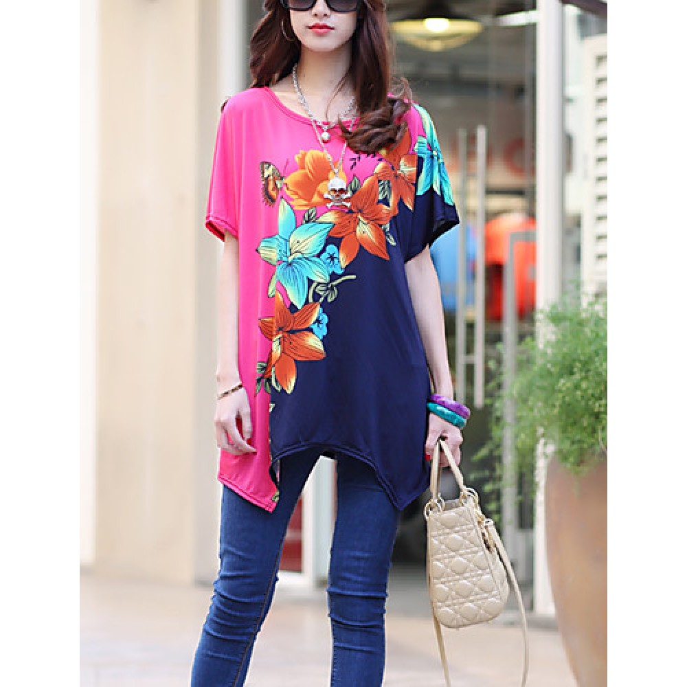 Women's Casual/Daily Boho / Street chic Summer T-shirt,Floral Round Neck Short Sleeve Pink Rayon Thin