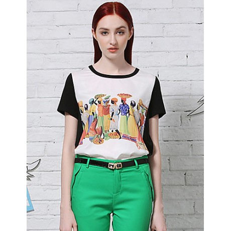 Women's Casual/Daily Vintage Summer T-shirtPrint / Color Block Round Neck Short Sleeve