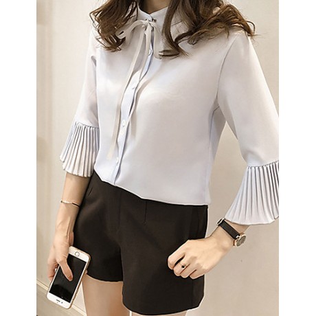 Women's Casual/Daily Simple Spring / Fall Shirt,Solid / Letter Shirt Collar Long Sleeve Blue / White Others Thin