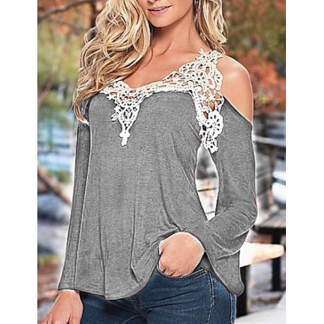 Women's Patchwork Lace Strap Off-The-Shoulder All Match Loose Casual V Neck Long Sleeve Plus Size T-shirt