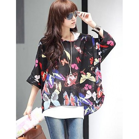 Women's Slack Neck Batwing Sleeve Printed Loose-Fitting Blouse