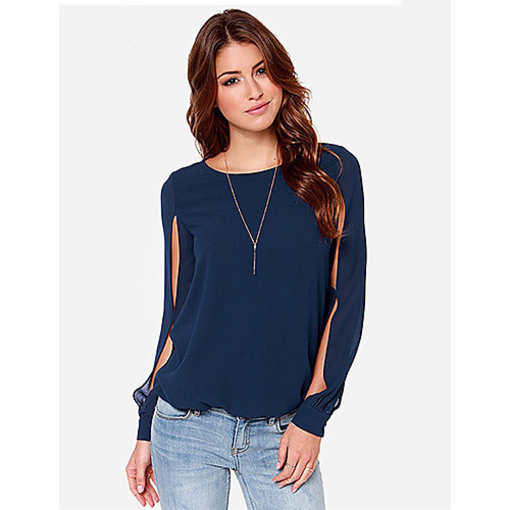 Sexy All Seasons Blouse,Solid Round Neck Long Sleeve Blue / Pink Polyester Thin