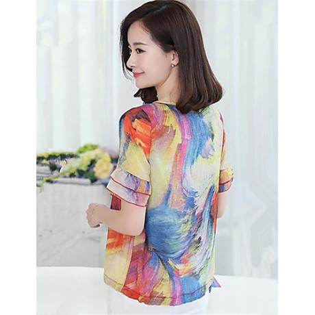 Women's Casual/Daily Sexy Summer / Fall Blouse,Print Round Neck Short Sleeve Blue Polyester Medium