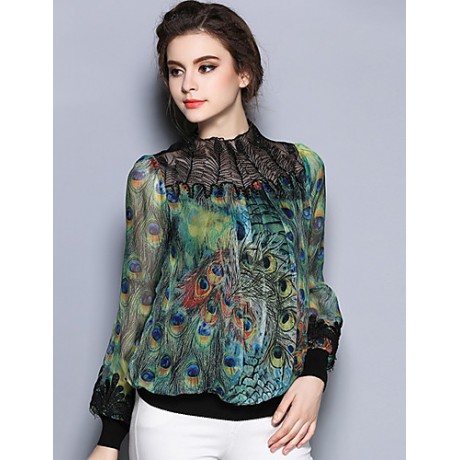 Women's Going out Vintage Spring BlousePrint Crew Neck Long Sleeve Green Cotton / Polyester Thin