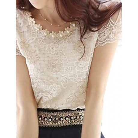 Women's Cute Beaded Neck Embroidered Lace and Mesh Top