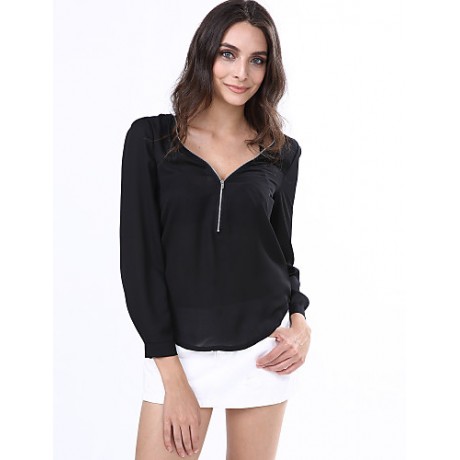 Women‘s V Neck Long Sleeve Zipper Blouse(More Colors)