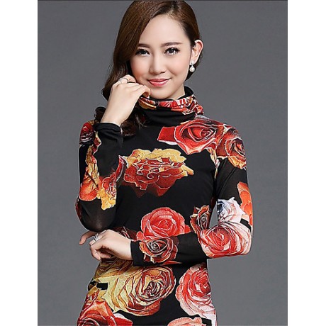 Spring/Fall Women's Casual/Daily Tops Turtleneck Long Sleeve Fashion Floral Printing Gauze Blouse Shirt