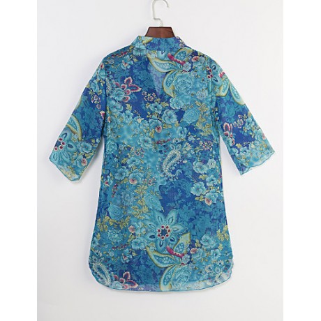 Women's Casual/Daily Boho Summer Blouse,Floral Stand ? Sleeve Blue Polyester Thin