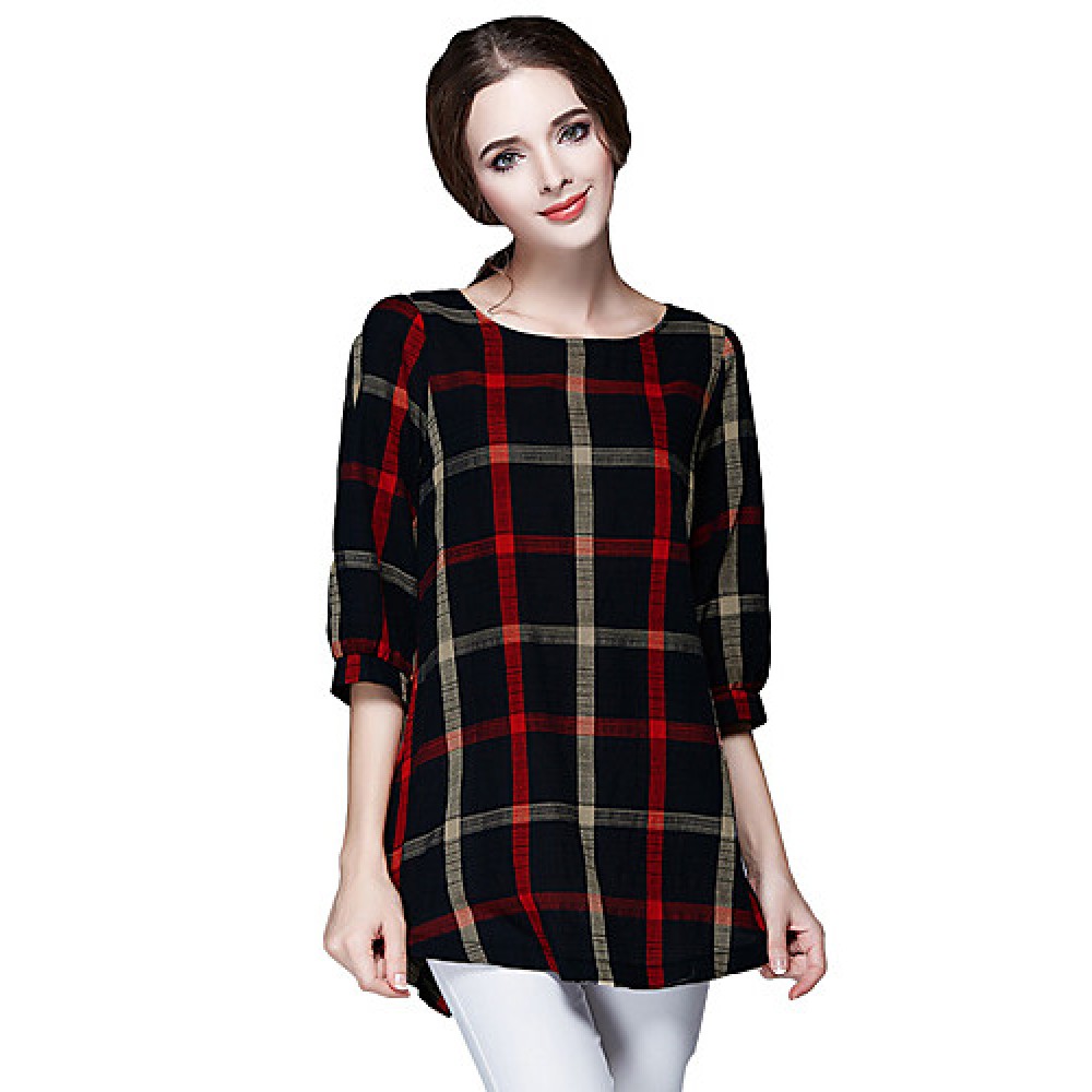 Women Ladies Blouse Plaid Print O Neck 3/4 Sleeve Plus Size Casual Loose Vintage Shirt Tops