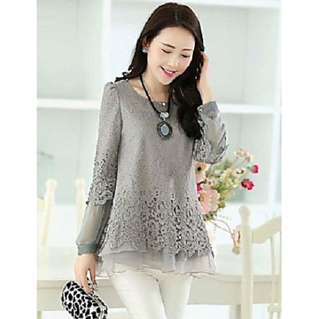 Women's Patchwork Black/Beige/Gray Blouse,Casual Round Neck Long Sleeve Hollow Out