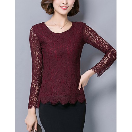 Women's Casual/Daily Sexy Fall Blouse,Solid Round Neck Long Sleeve Pink / Red / White / Black / Gray