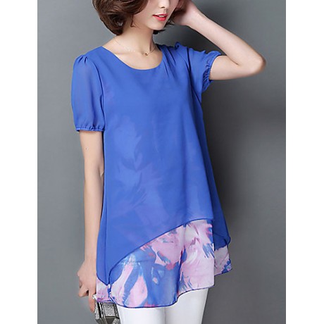 Women's Print Blue / Black / Orange Blouse,Round Neck Short Sleeve