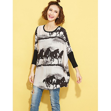 Women's Going out Street chic Fall T-shirt,Print Round Neck Long Sleeve Beige Polyester Medium