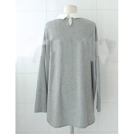 Women's Casual/Daily Plus Size / Simple Spring Blouse,Color Block Shirt Collar Long Sleeve Blue / Black / Gray Polyester Medium