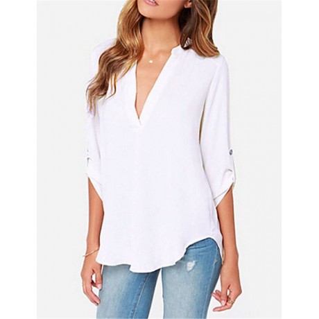 New Blusas Sexy V Neck Chiffon Women Blouse Casual Long Sleeve OL Style Solid Shirts Tops Plus Size