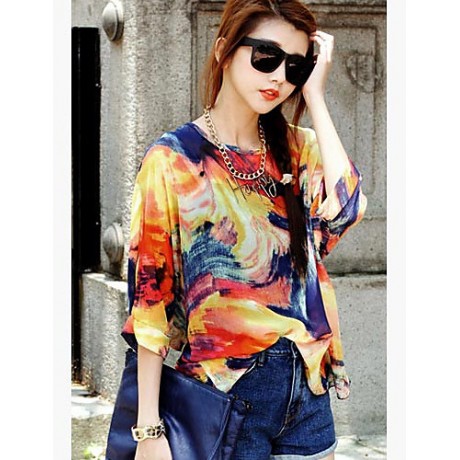 Women's Casual/Daily Boho Summer Blouse,Print Round Neck ? Sleeve Orange Polyester Thin