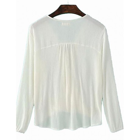 Women's Going out Simple Spring ShirtSolid V Neck Long Sleeve White Polyester Medium