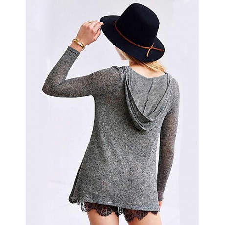 Women's Casual/Daily Street chic Summer T-shirt,Solid Hooded Long Sleeve Beige / Gray Cotton Medium