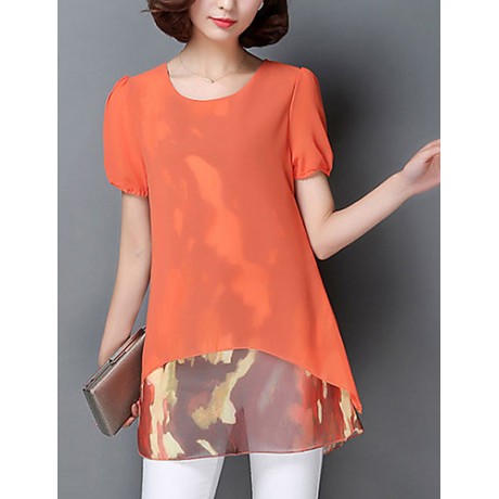 Women's Print Blue / Black / Orange Blouse,Round Neck Short Sleeve