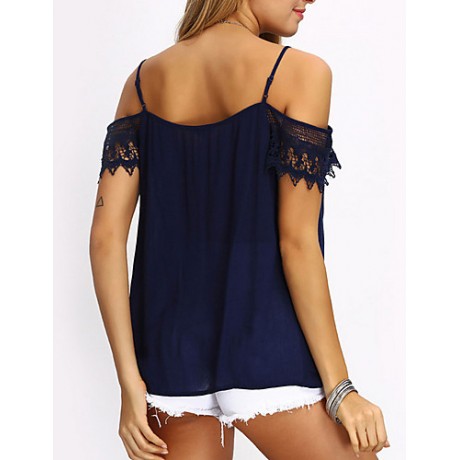 Women's Holiday Sexy / Boho Blouse,Solid Strap Short Sleeve Blue Polyester Thin