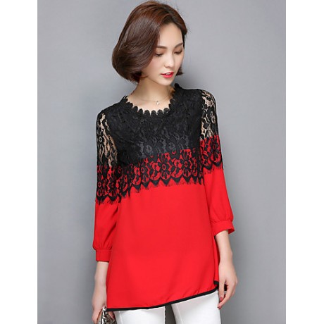 Women's Patchwork Pink / Red / Black Long section Blouse,Casual Lace Cut Out Fashion Round Neck ? Sleeve Polyester/Nylon