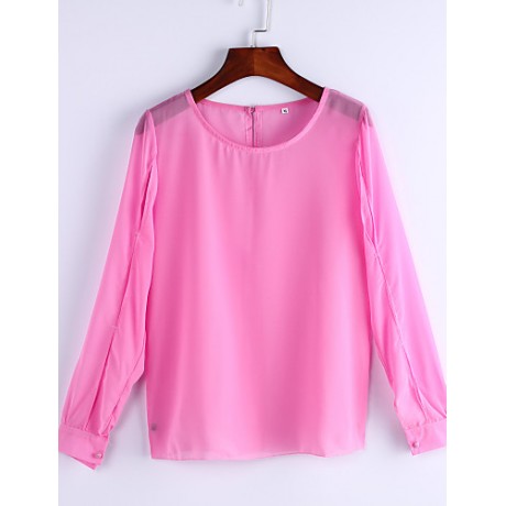 Sexy All Seasons Blouse,Solid Round Neck Long Sleeve Blue / Pink Polyester Thin