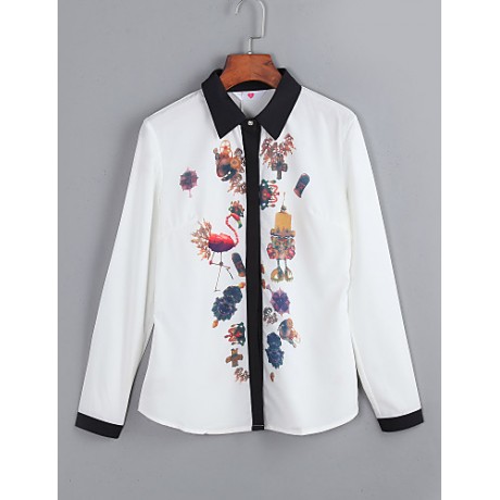 Women's Wild Commuter Contrast Color Stitching Print Long Sleeve Chiffon Shirt