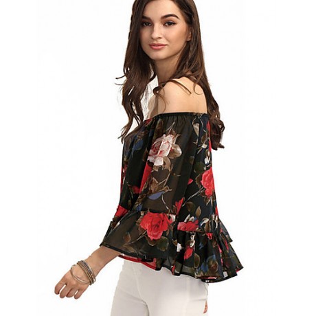 Women's Going out Sexy / Street chic All Seasons Blouse,Floral Boat Neck Long Sleeve Black Polyester Thin