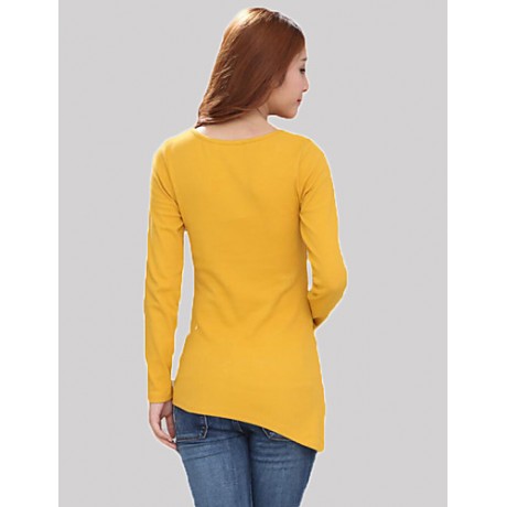 Women's Casual/Daily Simple Fall T-shirtSolid Round Neck Long Sleeve Black / Yellow Cotton Medium